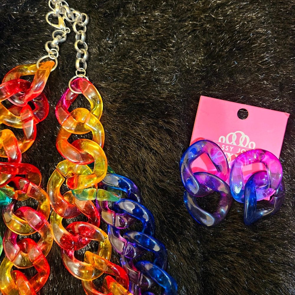 New Sassy Jones Zaria Dangles earrings and matching rainbow chain
